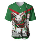 Personalized South Sydney Rabbitohs Rugby Baseball Jersey Fierce Mascot And Sydney Skyline Graphic Art