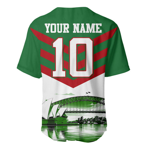 Personalized South Sydney Rabbitohs Rugby Baseball Jersey Fierce Mascot And Sydney Skyline Graphic Art