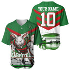 Personalized South Sydney Rabbitohs Rugby Baseball Jersey Fierce Mascot And Sydney Skyline Graphic Art