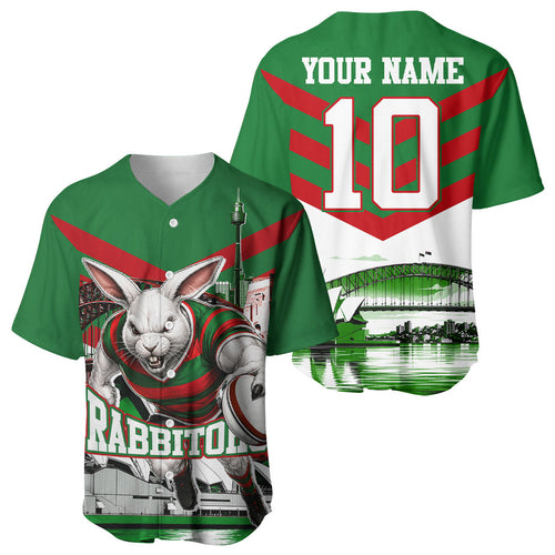 Personalized South Sydney Rabbitohs Rugby Baseball Jersey Fierce Mascot And Sydney Skyline Graphic Art