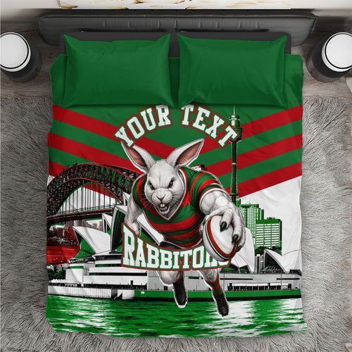 Personalized South Sydney Rabbitohs Rugby Bedding Set Fierce Mascot And Sydney Skyline Graphic Art