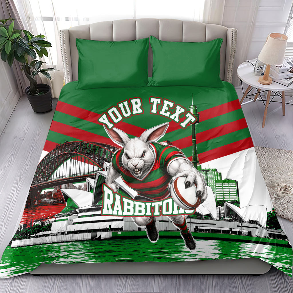 Personalized South Sydney Rabbitohs Rugby Bedding Set Fierce Mascot And Sydney Skyline Graphic Art