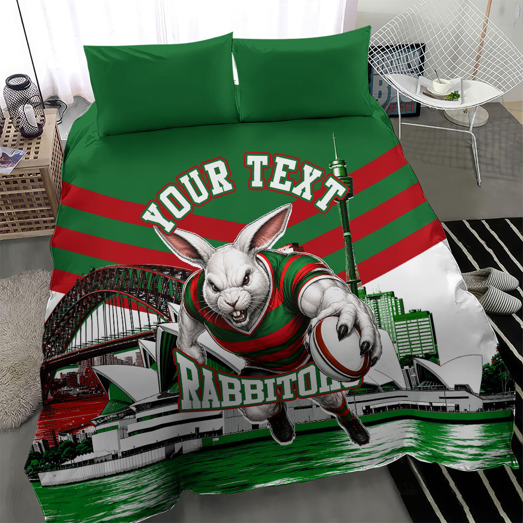 Personalized South Sydney Rabbitohs Rugby Bedding Set Fierce Mascot And Sydney Skyline Graphic Art