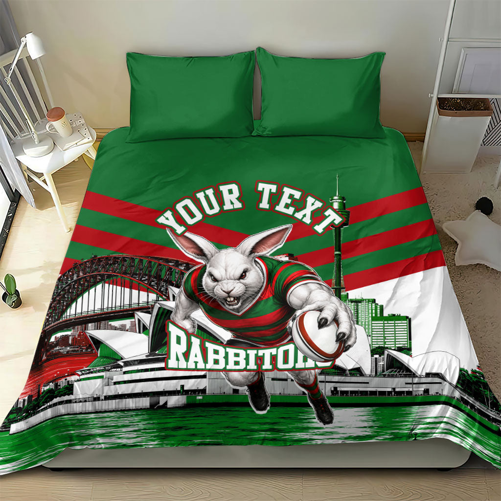 Personalized South Sydney Rabbitohs Rugby Bedding Set Fierce Mascot And Sydney Skyline Graphic Art