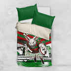Personalized South Sydney Rabbitohs Rugby Bedding Set Fierce Mascot And Sydney Skyline Graphic Art