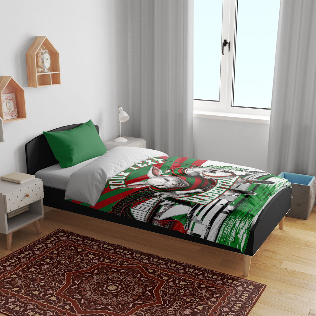 Personalized South Sydney Rabbitohs Rugby Bedding Set Fierce Mascot And Sydney Skyline Graphic Art