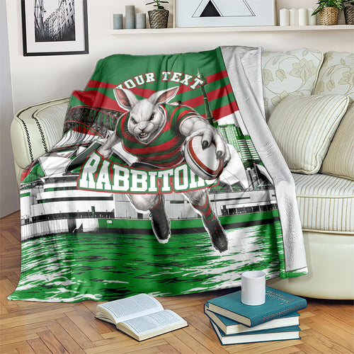 Personalized South Sydney Rabbitohs Rugby Blanket Fierce Mascot And Sydney Skyline Graphic Art