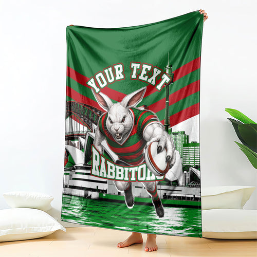Personalized South Sydney Rabbitohs Rugby Blanket Fierce Mascot And Sydney Skyline Graphic Art