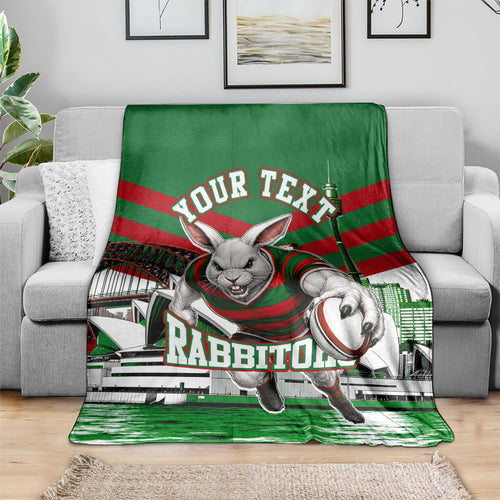 Personalized South Sydney Rabbitohs Rugby Blanket Fierce Mascot And Sydney Skyline Graphic Art