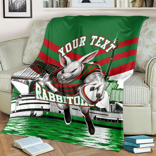 Personalized South Sydney Rabbitohs Rugby Blanket Fierce Mascot And Sydney Skyline Graphic Art