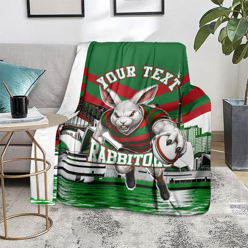 Personalized South Sydney Rabbitohs Rugby Blanket Fierce Mascot And Sydney Skyline Graphic Art