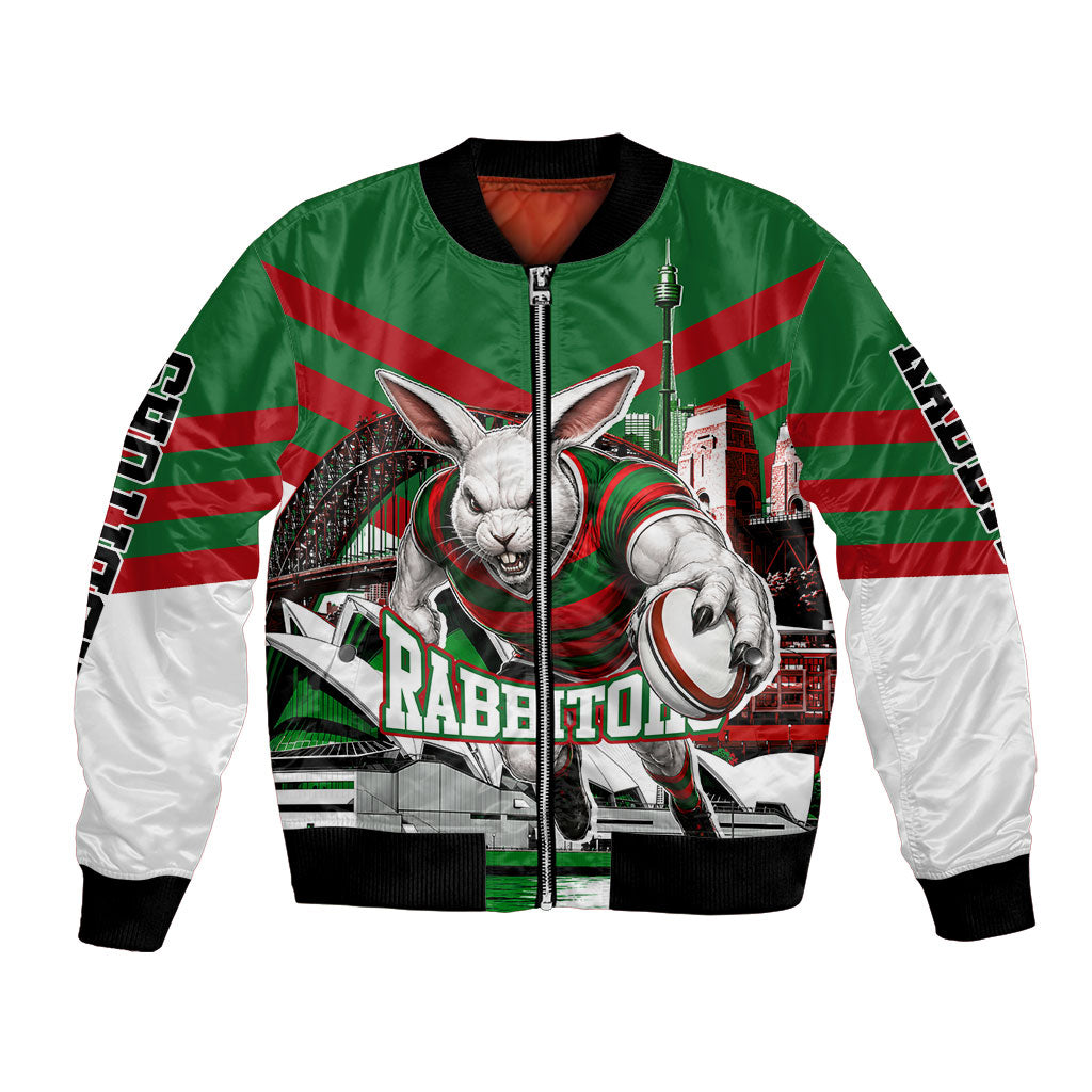 Personalized South Sydney Rabbitohs Rugby Bomber Jacket Fierce Mascot And Sydney Skyline Graphic Art