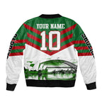 Personalized South Sydney Rabbitohs Rugby Bomber Jacket Fierce Mascot And Sydney Skyline Graphic Art