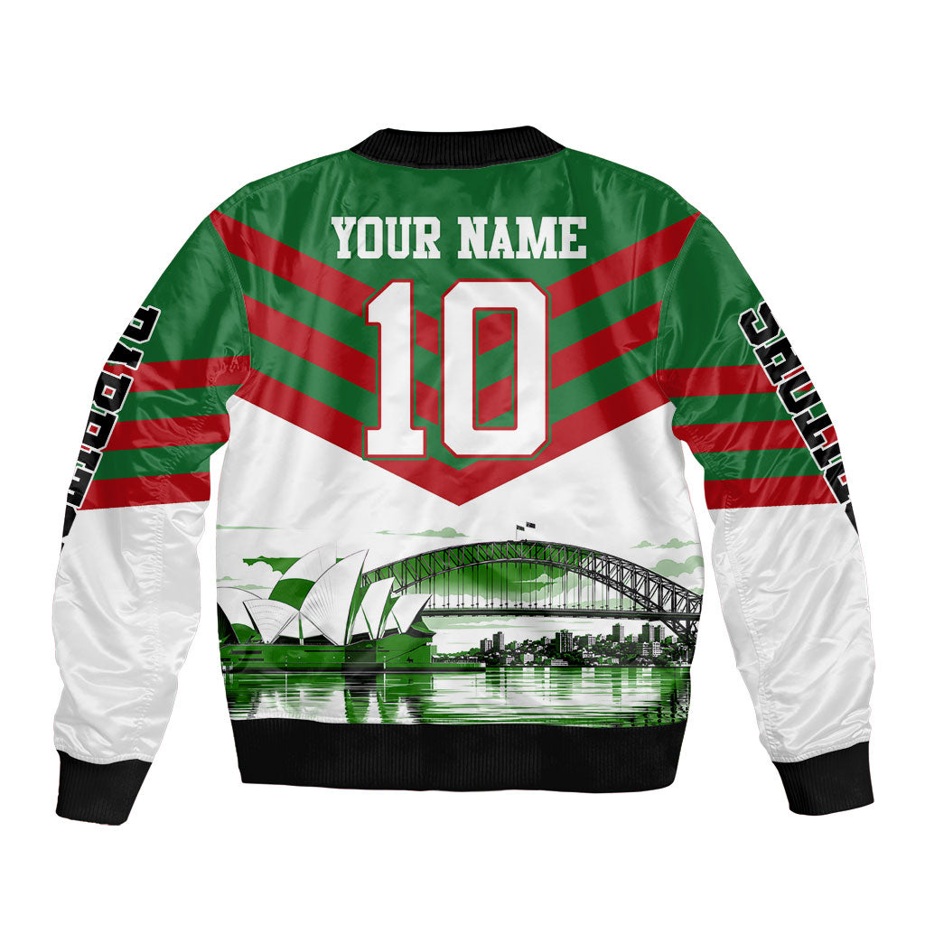Personalized South Sydney Rabbitohs Rugby Bomber Jacket Fierce Mascot And Sydney Skyline Graphic Art