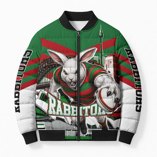 Personalized South Sydney Rabbitohs Rugby Bomber Puffer Jacket Fierce Mascot And Sydney Skyline Graphic Art