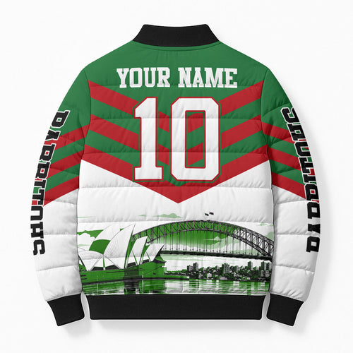 Personalized South Sydney Rabbitohs Rugby Bomber Puffer Jacket Fierce Mascot And Sydney Skyline Graphic Art