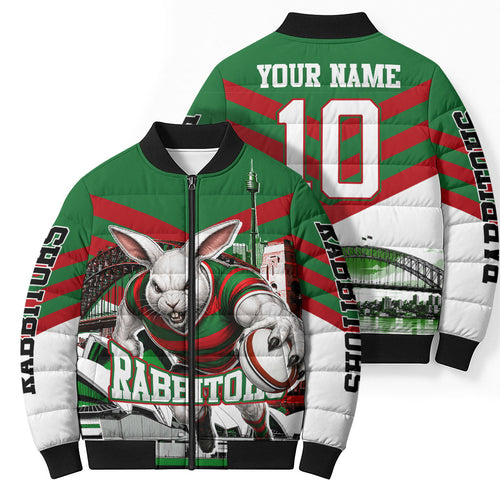 Personalized South Sydney Rabbitohs Rugby Bomber Puffer Jacket Fierce Mascot And Sydney Skyline Graphic Art