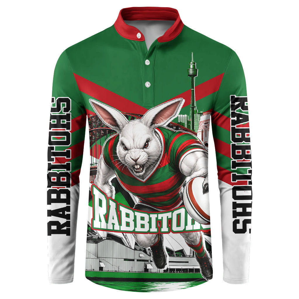 Personalized South Sydney Rabbitohs Rugby Button Sweatshirt Fierce Mascot And Sydney Skyline Graphic Art