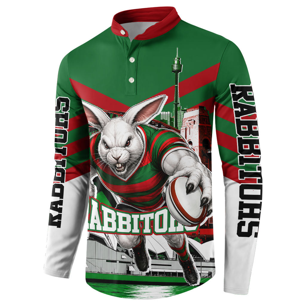 Personalized South Sydney Rabbitohs Rugby Button Sweatshirt Fierce Mascot And Sydney Skyline Graphic Art