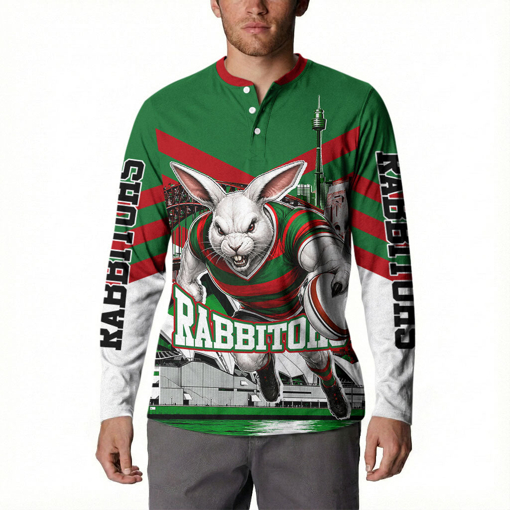 Personalized South Sydney Rabbitohs Rugby Button Sweatshirt Fierce Mascot And Sydney Skyline Graphic Art