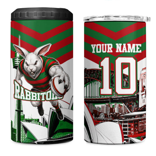 Personalized South Sydney Rabbitohs Rugby 4 in 1 Can Cooler Tumbler Fierce Mascot And Sydney Skyline Graphic Art