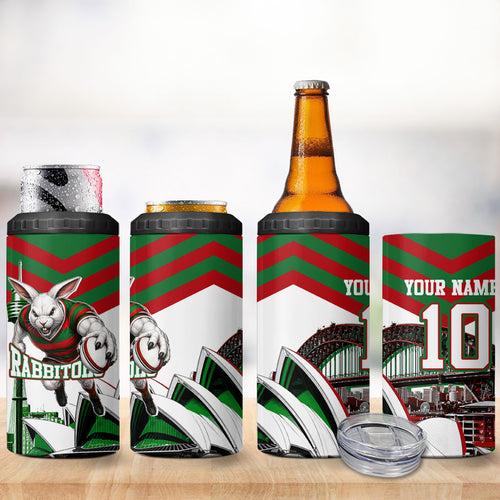 Personalized South Sydney Rabbitohs Rugby 4 in 1 Can Cooler Tumbler Fierce Mascot And Sydney Skyline Graphic Art