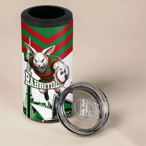 Personalized South Sydney Rabbitohs Rugby 4 in 1 Can Cooler Tumbler Fierce Mascot And Sydney Skyline Graphic Art