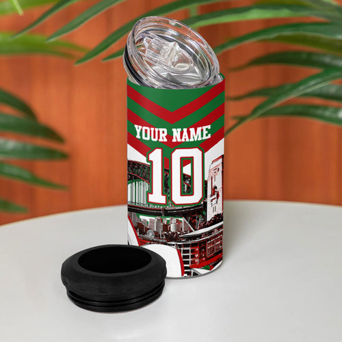 Personalized South Sydney Rabbitohs Rugby 4 in 1 Can Cooler Tumbler Fierce Mascot And Sydney Skyline Graphic Art