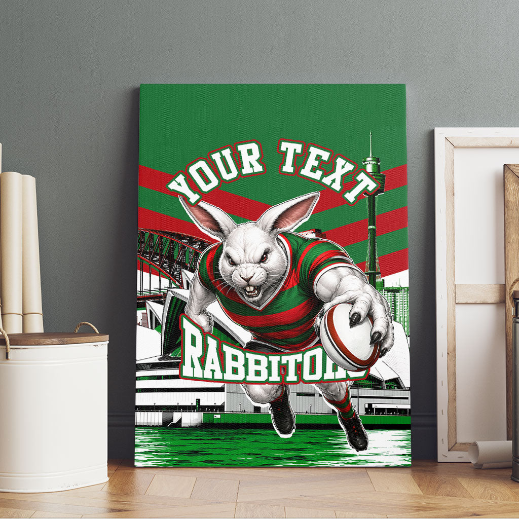 Personalized South Sydney Rabbitohs Rugby Canvas Wall Art Fierce Mascot And Sydney Skyline Graphic Art