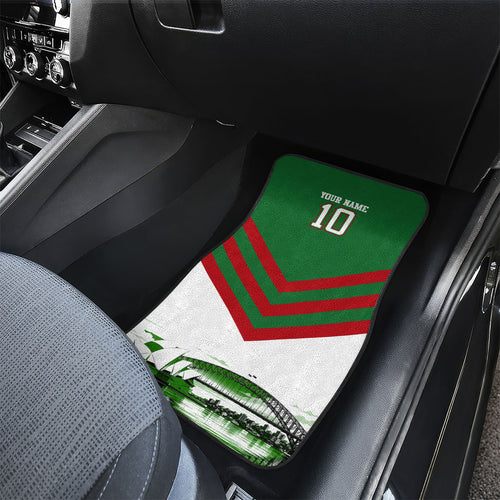 Personalized South Sydney Rabbitohs Rugby Car Mats Fierce Mascot And Sydney Skyline Graphic Art