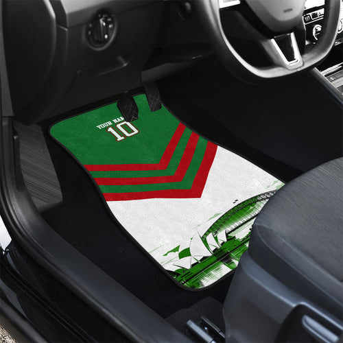 Personalized South Sydney Rabbitohs Rugby Car Mats Fierce Mascot And Sydney Skyline Graphic Art