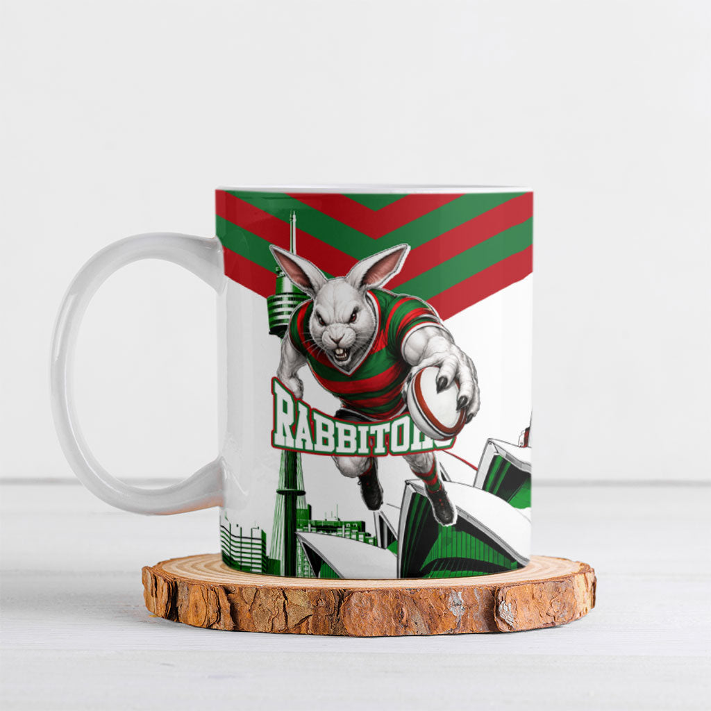 Personalized South Sydney Rabbitohs Rugby Ceramic Mug Fierce Mascot And Sydney Skyline Graphic Art