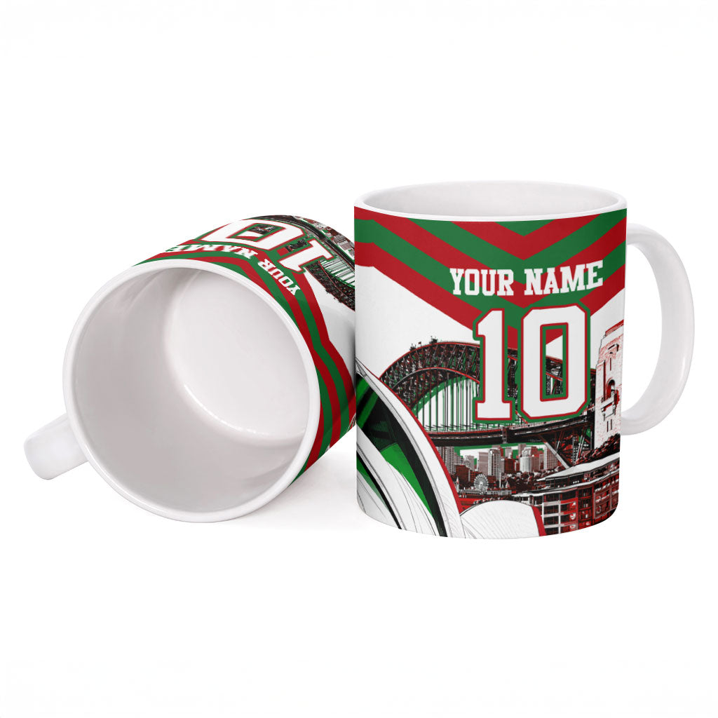 Personalized South Sydney Rabbitohs Rugby Ceramic Mug Fierce Mascot And Sydney Skyline Graphic Art