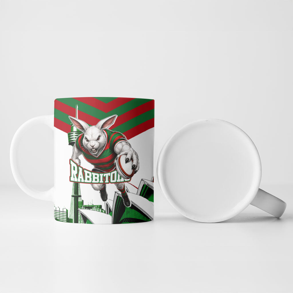 Personalized South Sydney Rabbitohs Rugby Ceramic Mug Fierce Mascot And Sydney Skyline Graphic Art