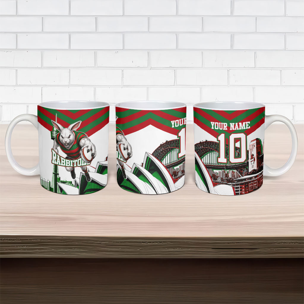 Personalized South Sydney Rabbitohs Rugby Ceramic Mug Fierce Mascot And Sydney Skyline Graphic Art