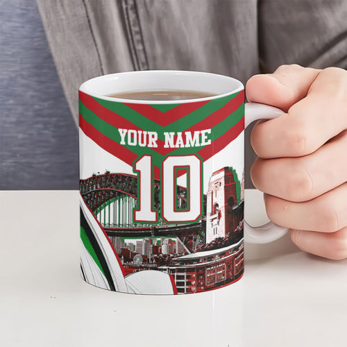 Personalized South Sydney Rabbitohs Rugby Ceramic Mug Fierce Mascot And Sydney Skyline Graphic Art