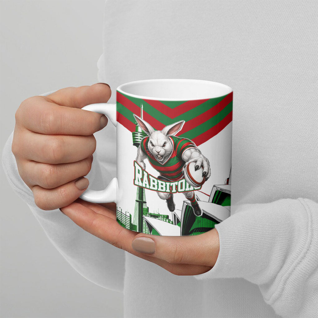 Personalized South Sydney Rabbitohs Rugby Ceramic Mug Fierce Mascot And Sydney Skyline Graphic Art