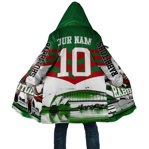 Personalized South Sydney Rabbitohs Rugby Cloak Fierce Mascot And Sydney Skyline Graphic Art
