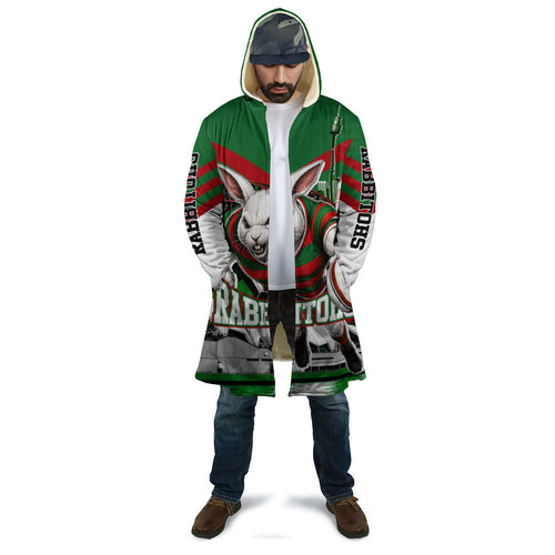 Personalized South Sydney Rabbitohs Rugby Cloak Fierce Mascot And Sydney Skyline Graphic Art