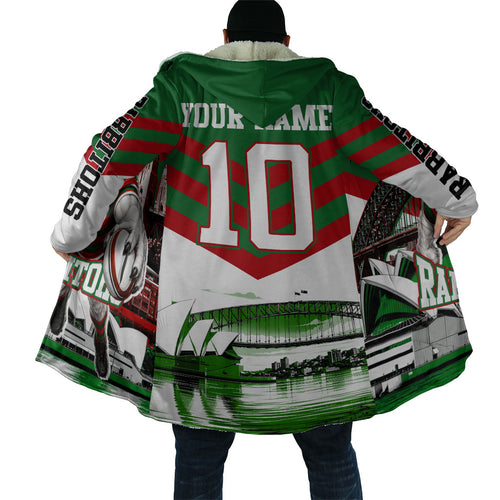 Personalized South Sydney Rabbitohs Rugby Cloak Fierce Mascot And Sydney Skyline Graphic Art