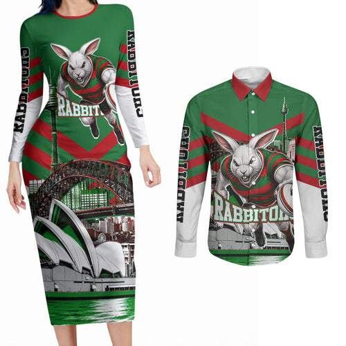 Personalized South Sydney Rabbitohs Rugby Couples Matching Long Sleeve Bodycon Dress and Long Sleeve Button Shirt Fierce Mascot And Sydney Skyline Graphic Art