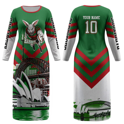Personalized South Sydney Rabbitohs Rugby Couples Matching Long Sleeve Bodycon Dress and Long Sleeve Button Shirt Fierce Mascot And Sydney Skyline Graphic Art