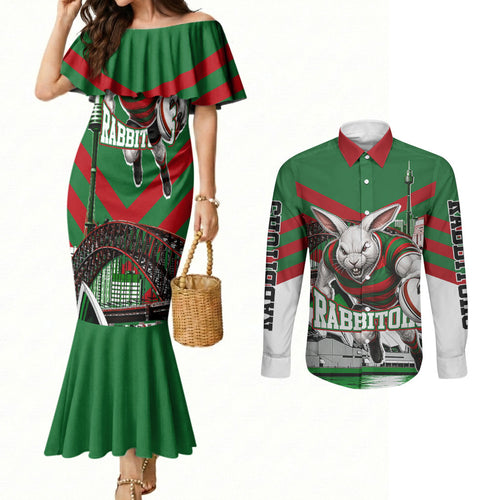 Personalized South Sydney Rabbitohs Rugby Couples Matching Mermaid Dress and Long Sleeve Button Shirt Fierce Mascot And Sydney Skyline Graphic Art