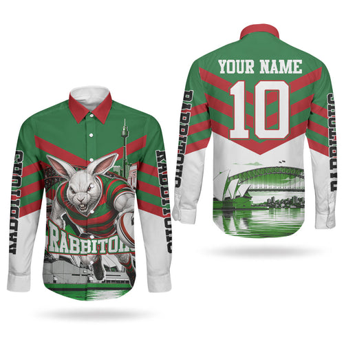 Personalized South Sydney Rabbitohs Rugby Couples Matching Mermaid Dress and Long Sleeve Button Shirt Fierce Mascot And Sydney Skyline Graphic Art