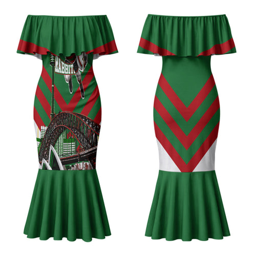 Personalized South Sydney Rabbitohs Rugby Couples Matching Mermaid Dress and Long Sleeve Button Shirt Fierce Mascot And Sydney Skyline Graphic Art