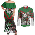 Personalized South Sydney Rabbitohs Rugby Couples Matching Off Shoulder Maxi Dress and Long Sleeve Button Shirt Fierce Mascot And Sydney Skyline Graphic Art