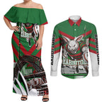 Personalized South Sydney Rabbitohs Rugby Couples Matching Off Shoulder Maxi Dress and Long Sleeve Button Shirt Fierce Mascot And Sydney Skyline Graphic Art