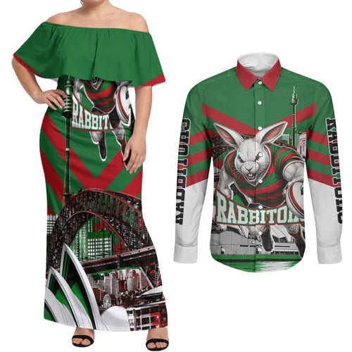 Personalized South Sydney Rabbitohs Rugby Couples Matching Off Shoulder Maxi Dress and Long Sleeve Button Shirt Fierce Mascot And Sydney Skyline Graphic Art