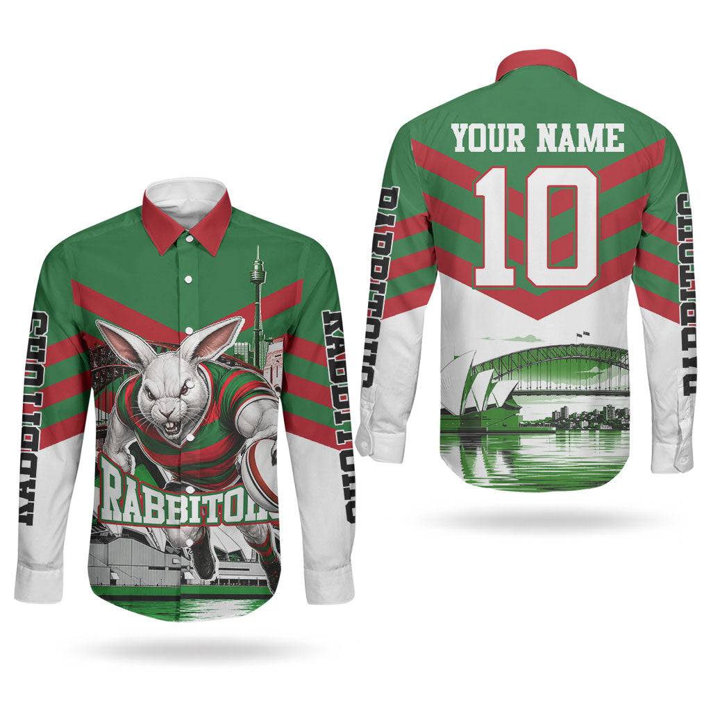 Personalized South Sydney Rabbitohs Rugby Couples Matching Off Shoulder Maxi Dress and Long Sleeve Button Shirt Fierce Mascot And Sydney Skyline Graphic Art
