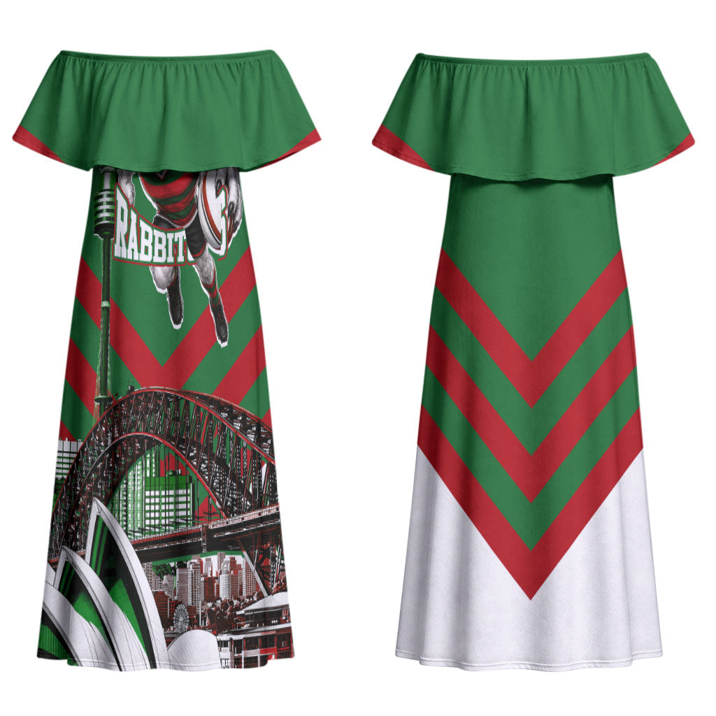 Personalized South Sydney Rabbitohs Rugby Couples Matching Off Shoulder Maxi Dress and Long Sleeve Button Shirt Fierce Mascot And Sydney Skyline Graphic Art